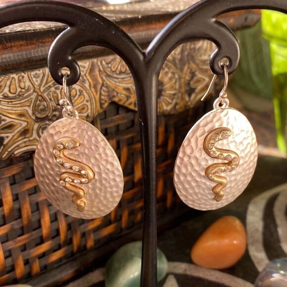 Two-Tone Brushed Silver And Gold Crystal Snake Earrings - Picture 6 of 7